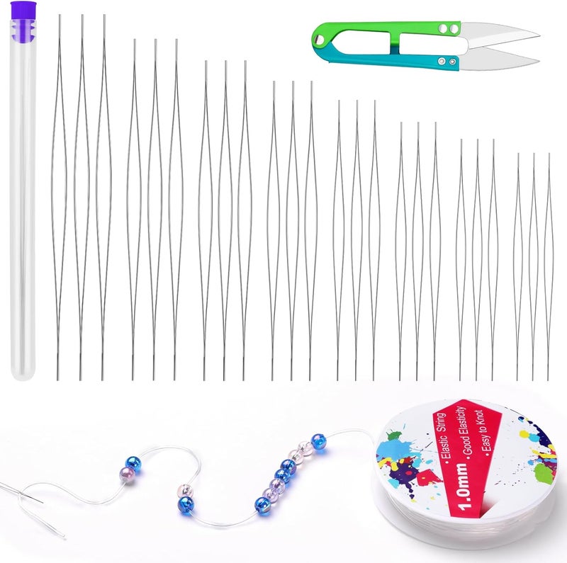 UOOU Beading Needles Set,Seed Beads Needles,24 Pcs Big Eye Beading Needles,1mm/Roll Elastic String for Bracelets Transparent 27 Pcs Beading String for Jewelry Making - Image 1